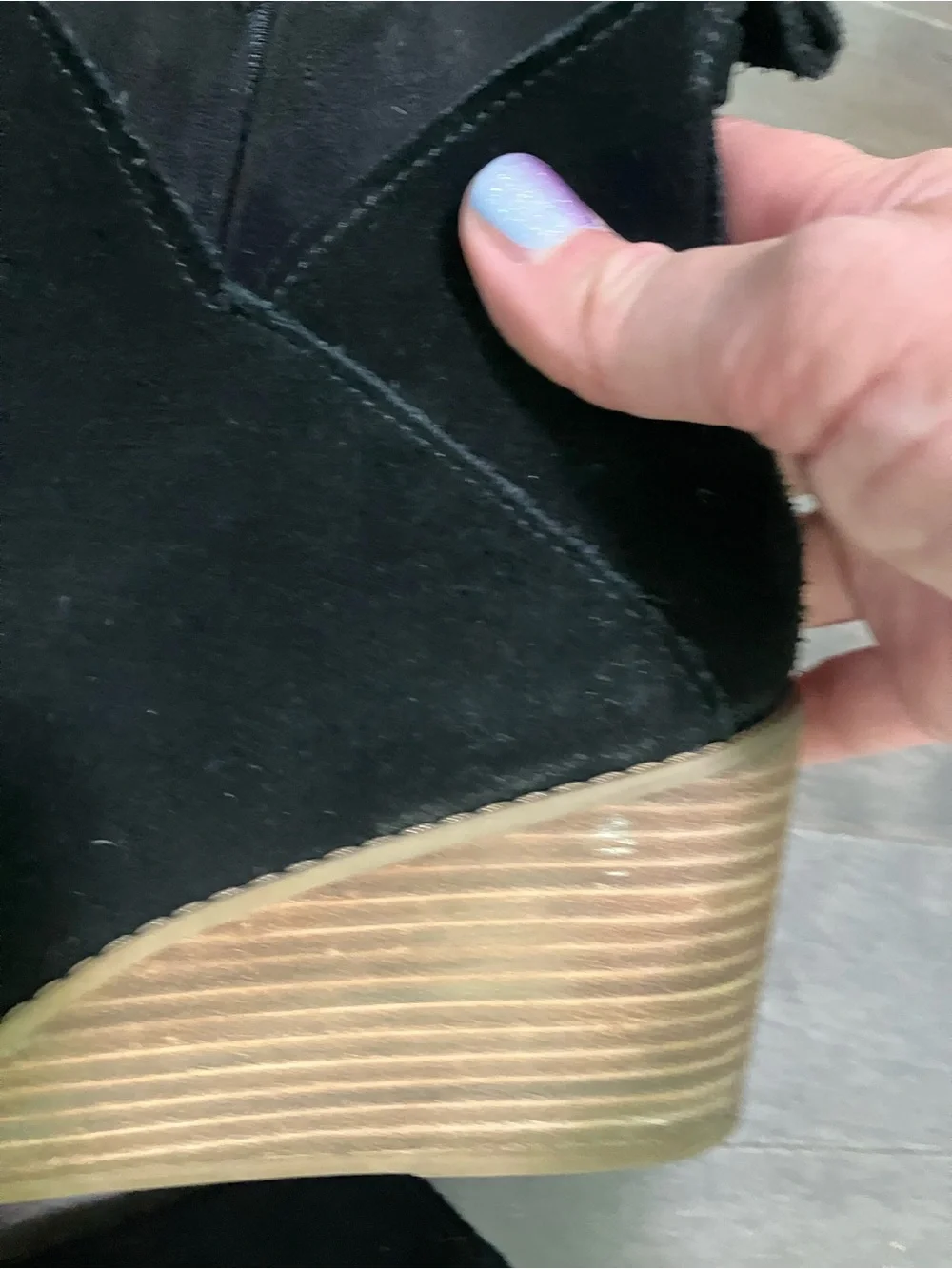 Tom’s Black Suede Wedge Booties size 9 with Stacked Wood Heel